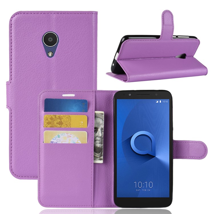 Litchi Texture Wallet Stand Leather Flip Mobile Phone Cover for Alcatel 1X - Purple-1