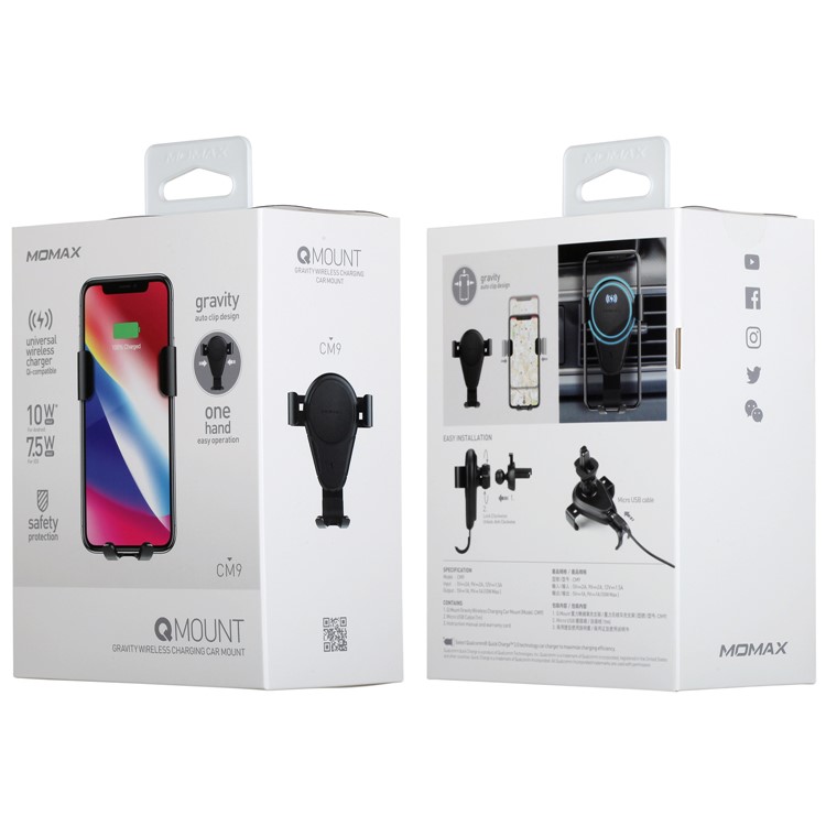 MOMAX Q.MOUNT 3 Gravity Wireless Charger Car Air Vent Mount for iPhone X/8/8 Plus Etc. - Black-13