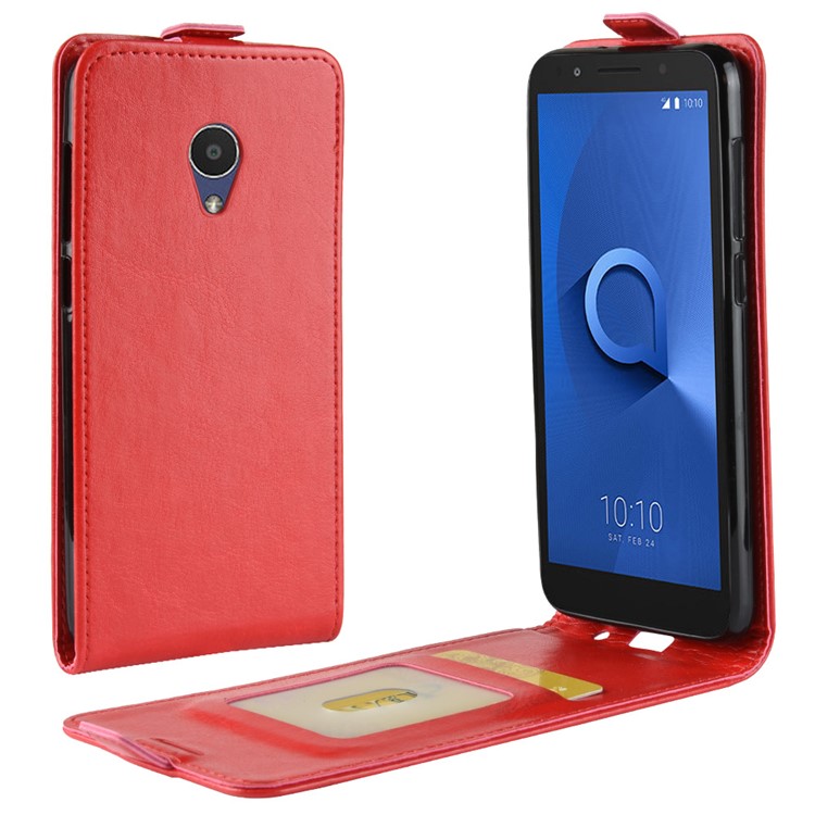 Crazy Horse Vertical Flip Card Holder Leather Shell for Alcatel 1X - Red-1