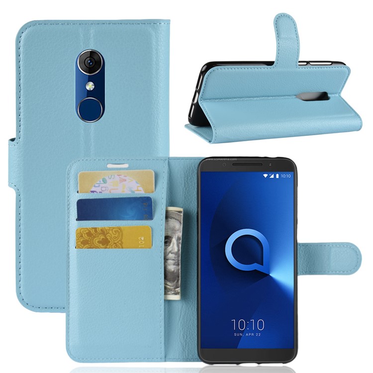 Litchi Skin Wallet Leather Stand Magnetic Folio Cellphone Case for Alcatel 3 - Baby Blue-1