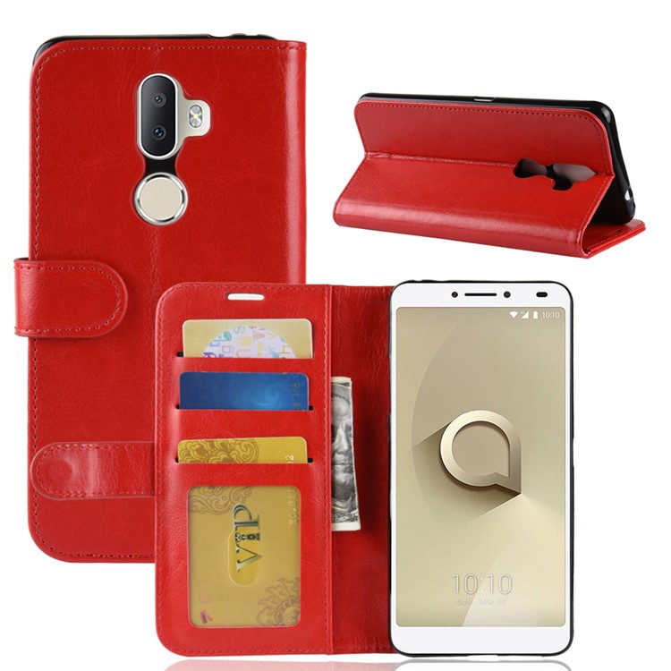 Crazy Horse Magnetic Stand Wallet Leather Mobile Phone Shell for Alcatel 3v - Red-2