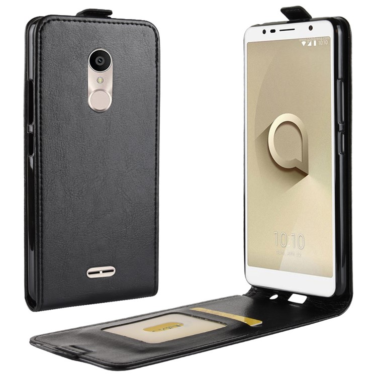 Crazy Horse Vertical Flip Card Holder Leather Case for Alcatel 3C - Black-1