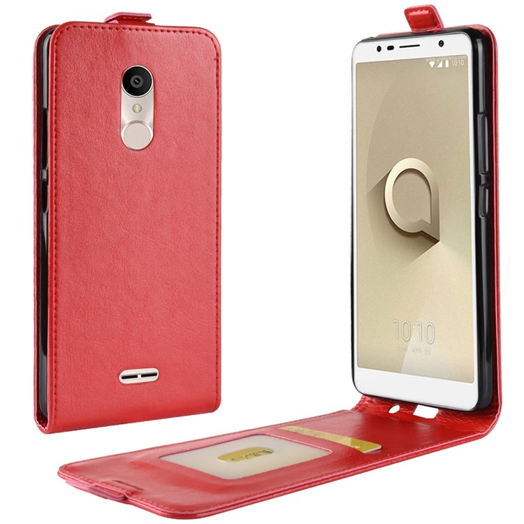 Crazy Horse Vertical Flip Card Holder Leather Cover for Alcatel 3C - Red-1