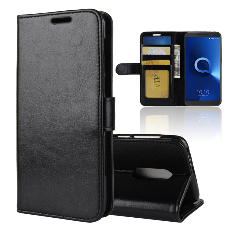 For Alcatel 3 Crazy Horse Stand Wallet Leather Phone Case - Black-1