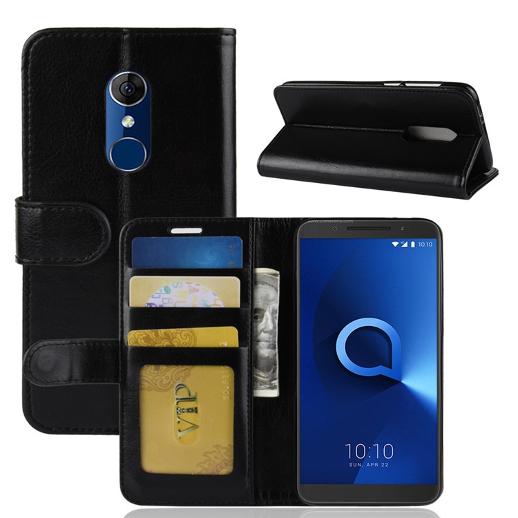 For Alcatel 3 Crazy Horse Stand Wallet Leather Phone Case - Black-8