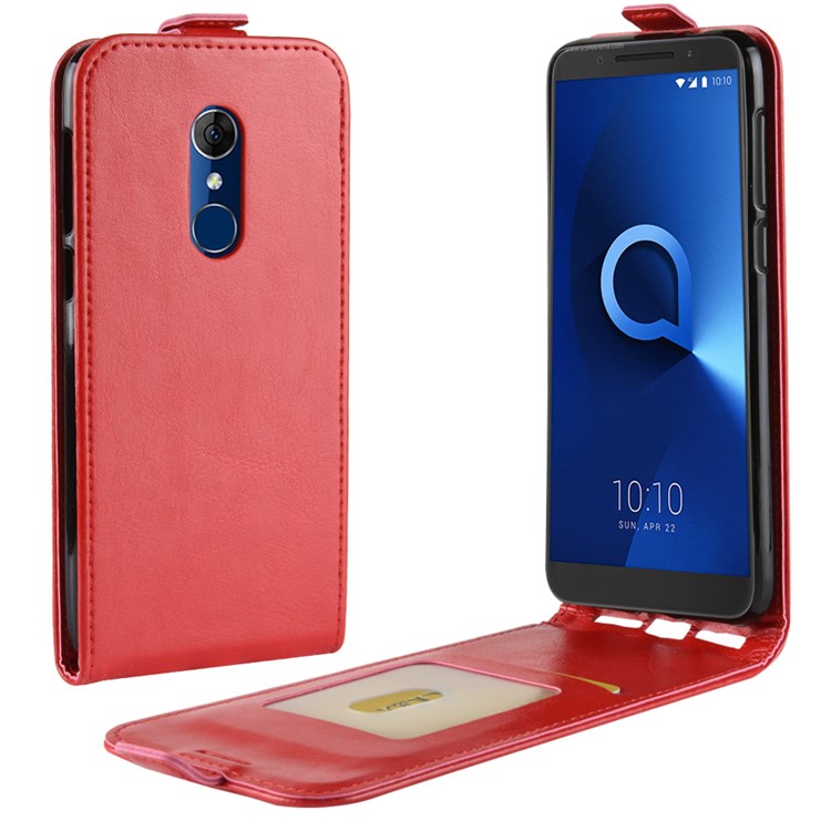 Crazy Horse Texture Vertical Flip Card Slot Leather Phone Casing for Alcatel 3 - Red-1