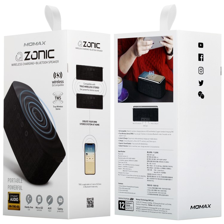 MOMAX Q.zonic Portable 2-in-1 Wireless Charger + Bluetooth 4.2 Speaker for Samsung iPhone - Black-16