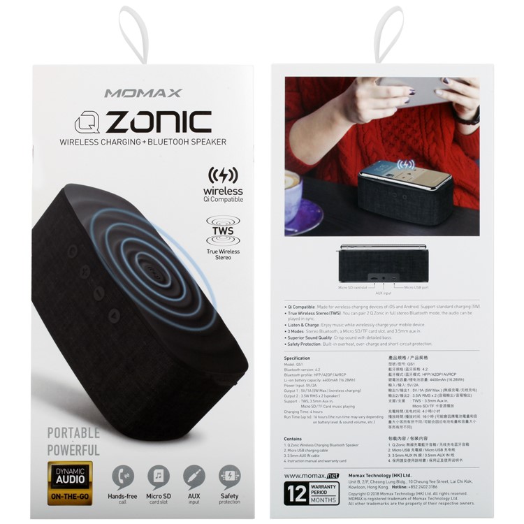 MOMAX Q.zonic Portable 2-in-1 Wireless Charger + Bluetooth 4.2 Speaker for Samsung iPhone - Black-17