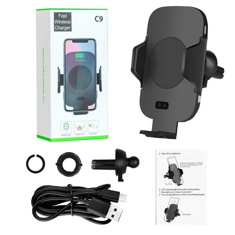 C9 Infrared Motion Sensor Car Air Vent Qi Wireless Phone Holder Charger-6