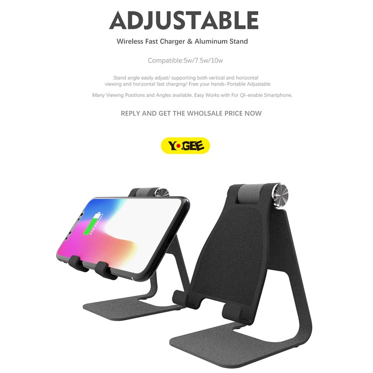 YOGEE YB006 5W/7.5W/10W Adjustable Aluminum Alloy Stand Qi Wireless Fast Charger for iPhone Samsung etc. - Black-10