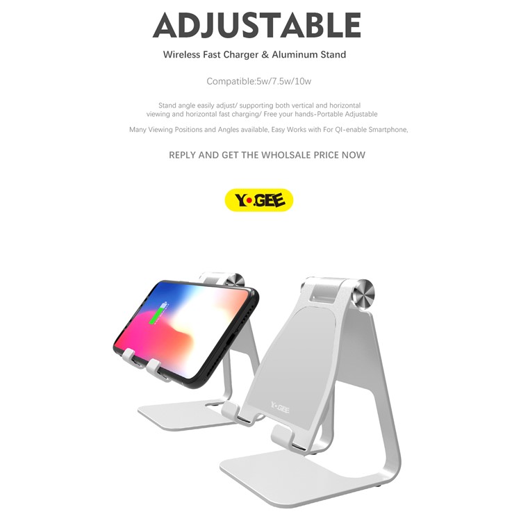 YOGEE YB006 2-in-1 Adjustable Aluminum Alloy Stand + 5W/7.5W/10W Qi Wireless Fast Charger for iPhone Samsung etc. - Silver-9