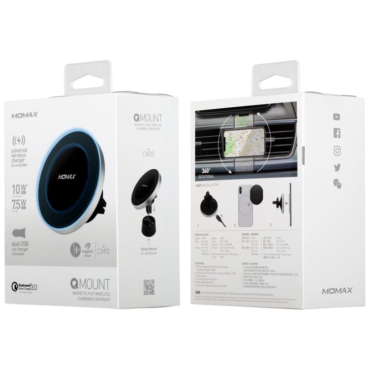 MOMAX Q.Mount 2 Magnetic Fast Wireless Charging Car Mount + Dual USB Port Car Charger Kit (Not Support FOD Function) - Silver-17