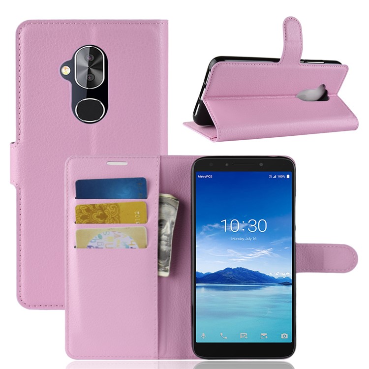 Litchi Texture Leather Wallet Case with Stand for Alcatel 7 - Pink-1