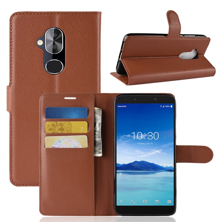 Litchi Texture Wallet Leather Mobile Cover with Stand for Alcatel 7 - Brown-1