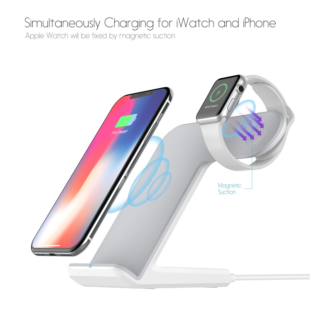 Suporte Para Celular F11 + 2W / 5W / 7.5W / 10W Qi Carregador Sem Fio Rápido 2-em-1 Para Celulares Habilitados Para Qi E Relógio Apple - Branco-5