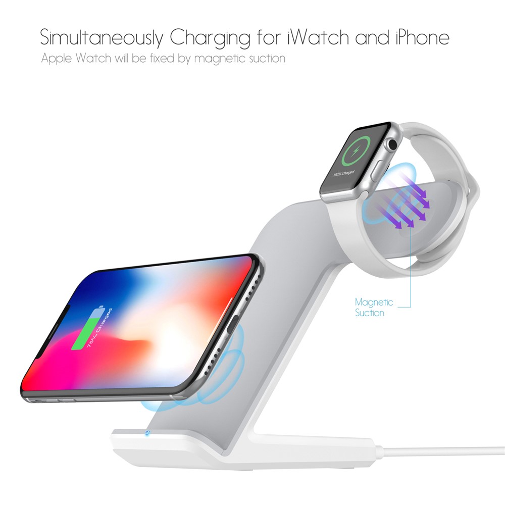 Suporte Para Celular F11 + 2W / 5W / 7.5W / 10W Qi Carregador Sem Fio Rápido 2-em-1 Para Celulares Habilitados Para Qi E Relógio Apple - Branco-6