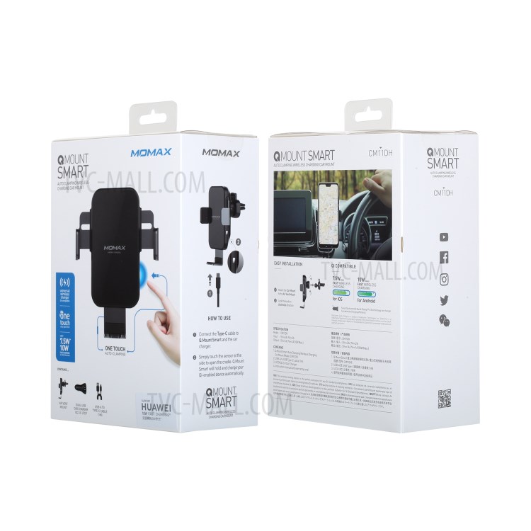 MOMAX Q. Mount Smart Auto Clamping Wireless Charging Car Air Vent Mount + Car Charger + Type-C Cable (Not Support FOD Function) - Black-17
