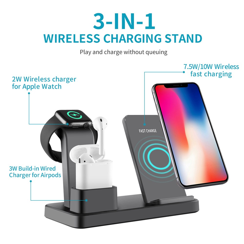 3 En 1 Soporte De Carga Rápida De Cargador Inalámbrico Vertical De Escritorio Para IPhone / Apple Watch / Airpods - Negro-2