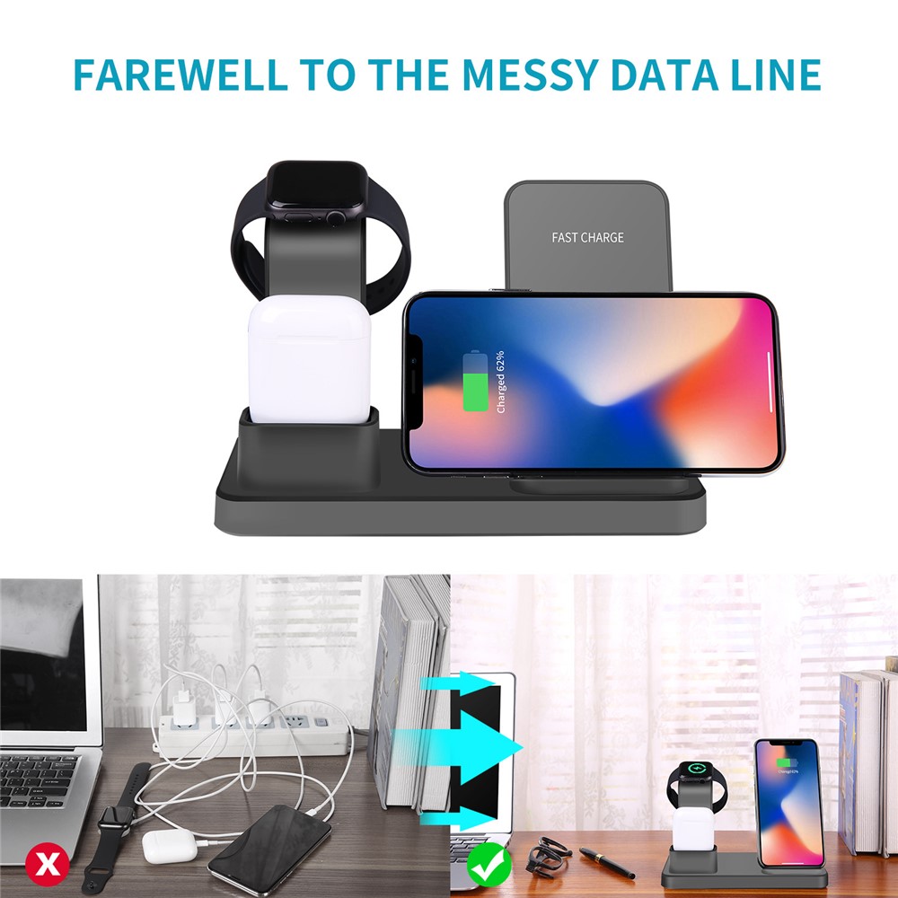 3 En 1 Soporte De Carga Rápida De Cargador Inalámbrico Vertical De Escritorio Para IPhone / Apple Watch / Airpods - Negro-4