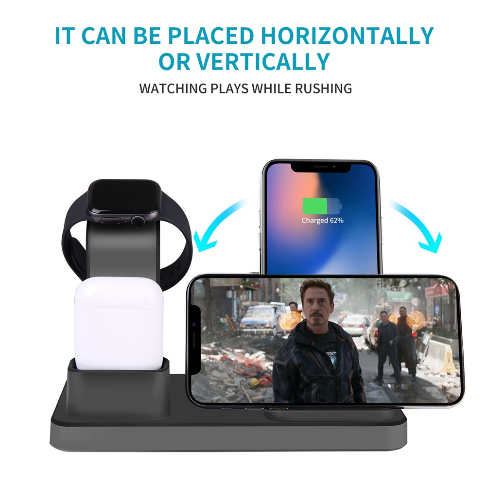3 En 1 Soporte De Carga Rápida De Cargador Inalámbrico Vertical De Escritorio Para IPhone / Apple Watch / Airpods - Negro-5