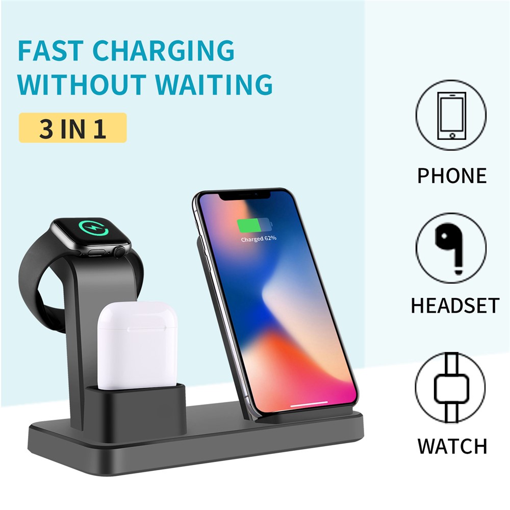 3 En 1 Soporte De Carga Rápida De Cargador Inalámbrico Vertical De Escritorio Para IPhone / Apple Watch / Airpods - Negro-8