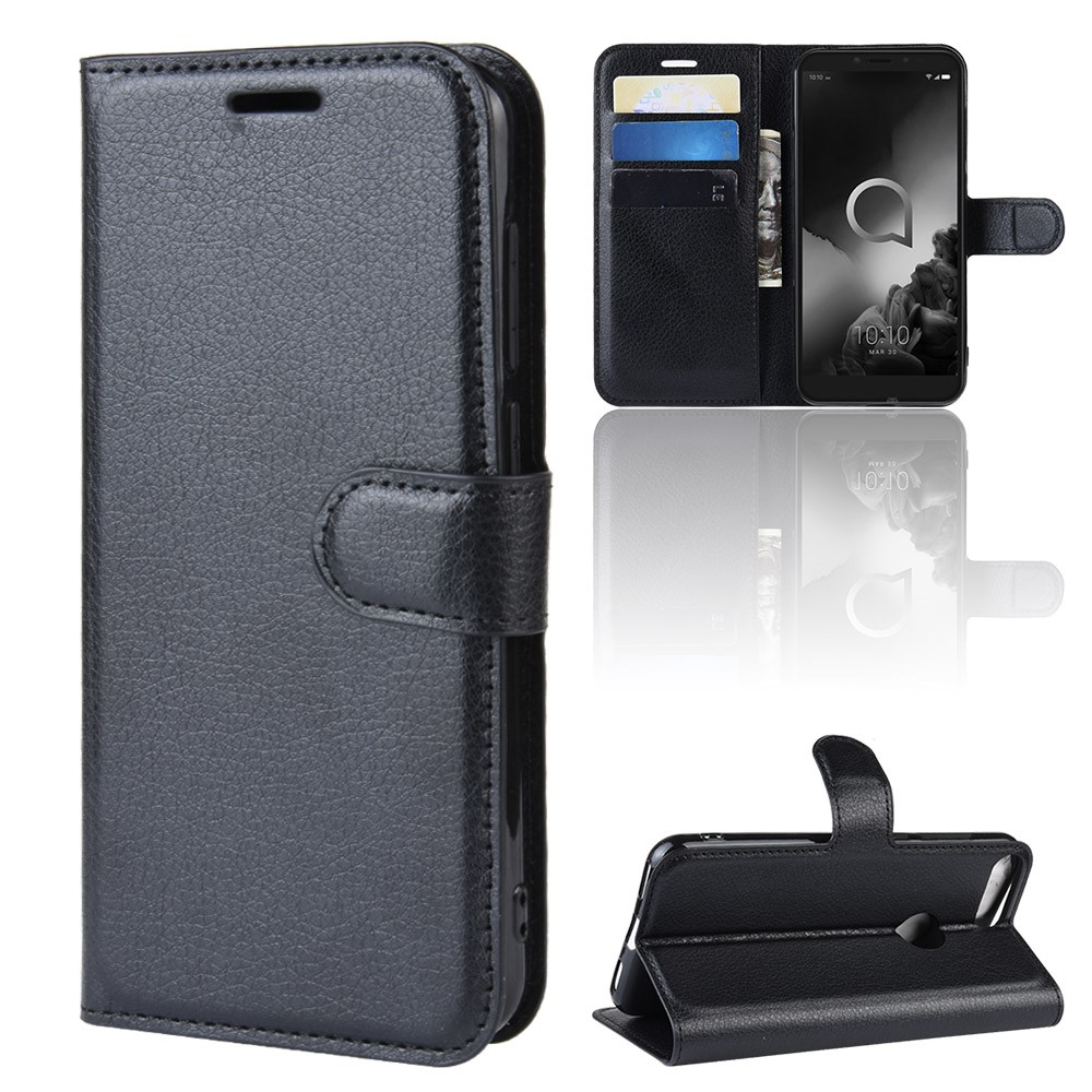 Portafoglio in Stile Litchi Wallet Stand Phone Shell Per Alcatel 1S (2019) - Nero