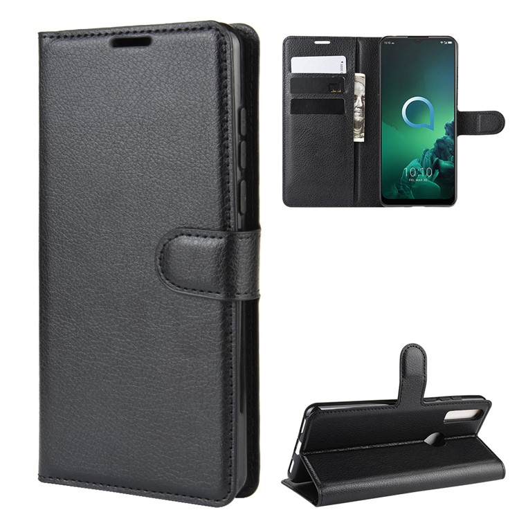 Litchi Skin Wallet Leather Stand Case for Alcatel 3X (2019) - Black-2