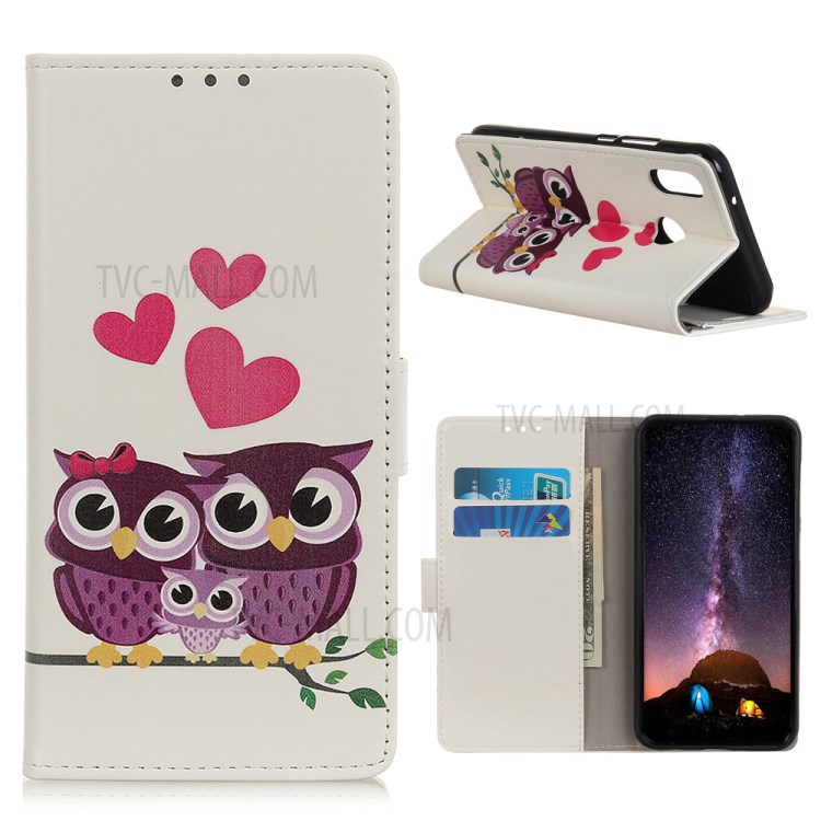 Protective Patterned Flip Cover PU Leather Wallet Shell for Alcatel 1SE (2020) - Owls and Hearts-1