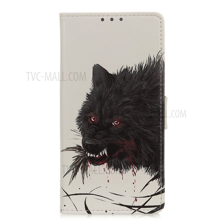 Protective Patterned Flip Cover PU Leather Wallet Shell for Alcatel 1SE (2020) - Black Wolf-1