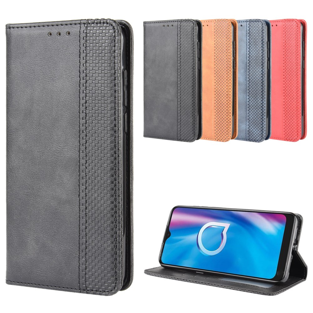 Vintage Style Leather Wallet Stand Case for Alcatel 1SE (2020) - Black-12