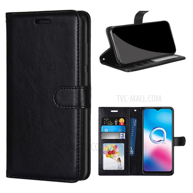 Pure Color Stand Wallet Protector Leather Cover for Alcatel 3X (2020)/4CAM - Black-1