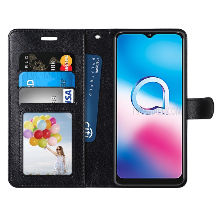 Pure Color Stand Wallet Protector Leather Cover for Alcatel 3X (2020)/4CAM - Black-3