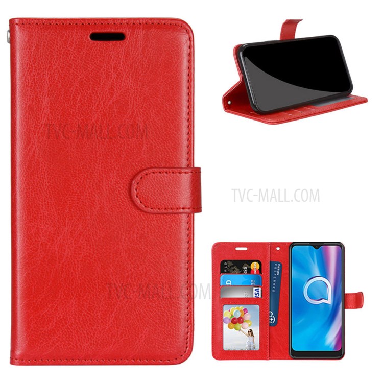 Solid Color Surface Leather Stand Cover for Alcatel 1SE (2020) - Red-1