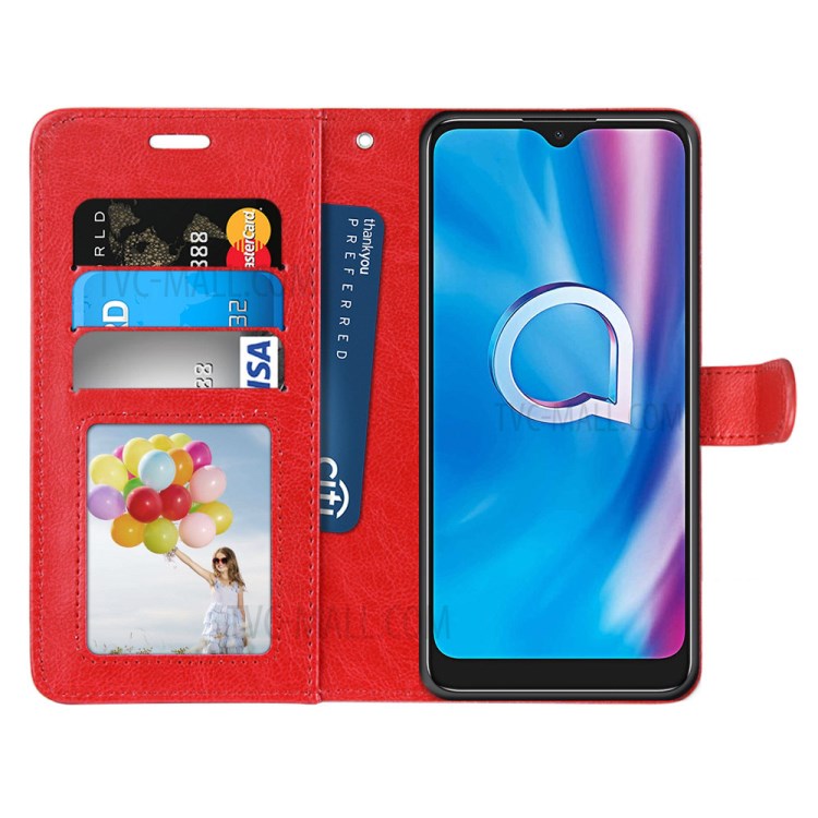 Solid Color Surface Leather Stand Cover for Alcatel 1SE (2020) - Red-3