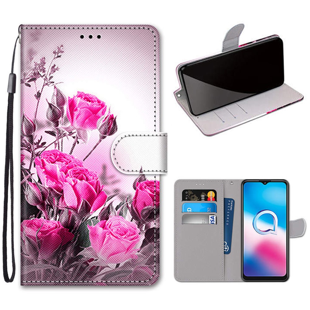 Pattern Printing Cross Texture Leather Wallet Phone Cover with Strap for Alcatel 3X (2020) - Rose-1