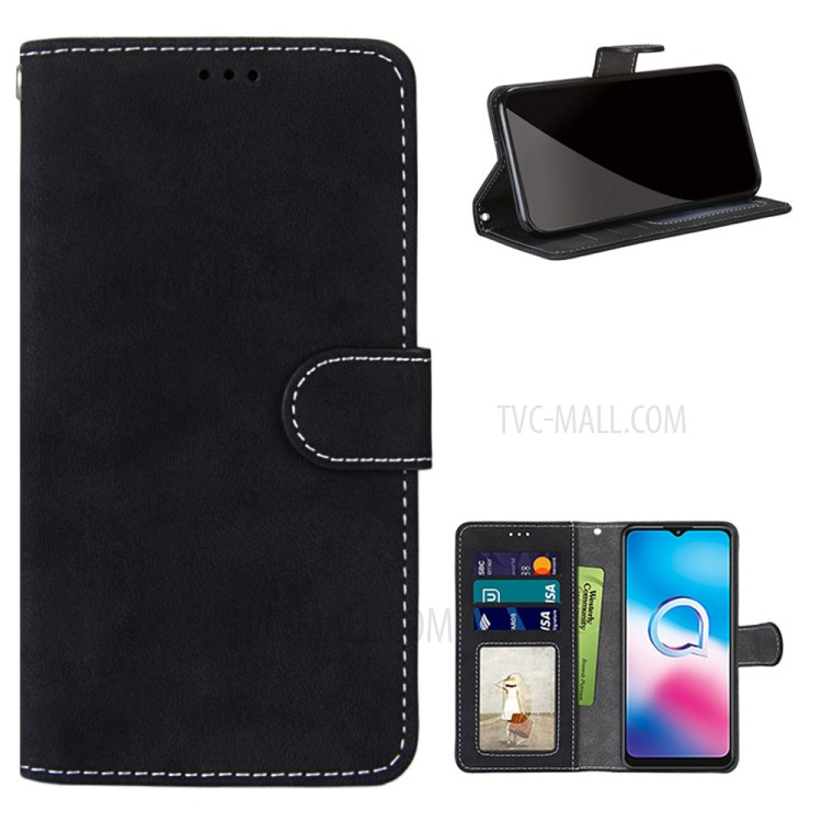 Retro Matte with 3 Card Slots Unique Design Surface Leather Phone Shell for Alcatel 3X (2020) - Black-1