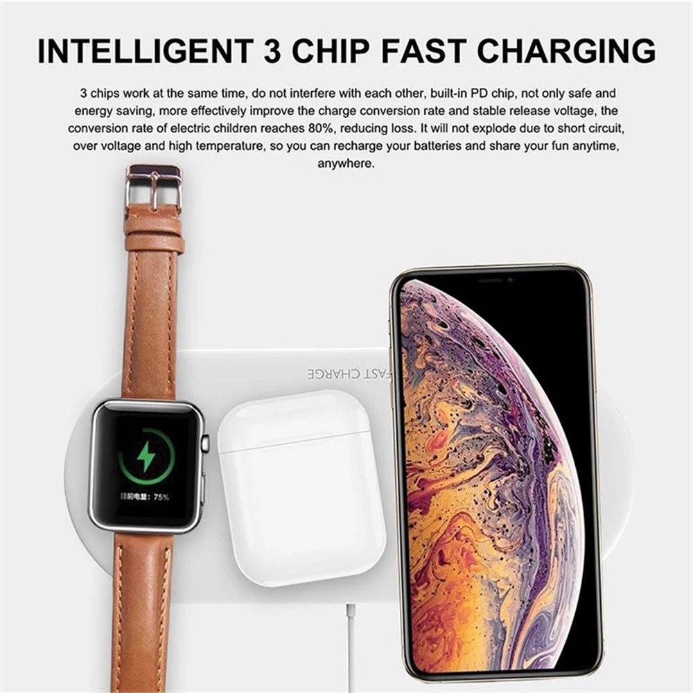 W48 3 in 1 Wireless Charger Simple Fashion Style for Apple iPhone/Watch/AirPods - Black-6