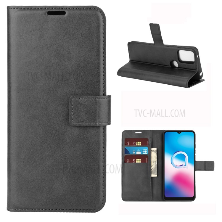 Square-Buckle Leather Wallet Phone Cover for Alcatel 3X (2020) - Black-1