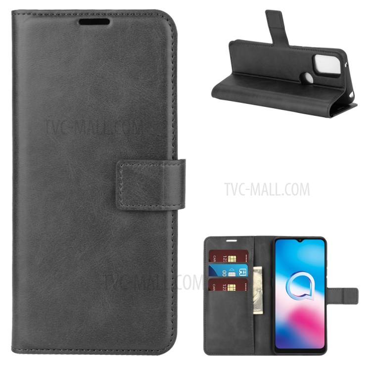 Leather Phone Case with Wallet and Stand for Alcatel 3X (2020) - Black-1