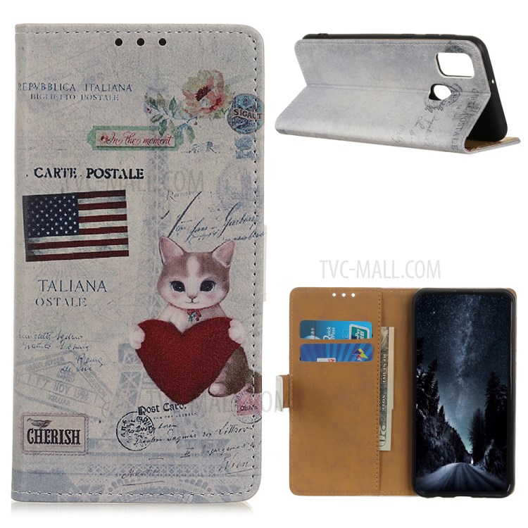 Pattern Printing Protective Case with Wallet Stand Leather Cover for Alcatel 3X (2020) - Cat Holding Heart-1