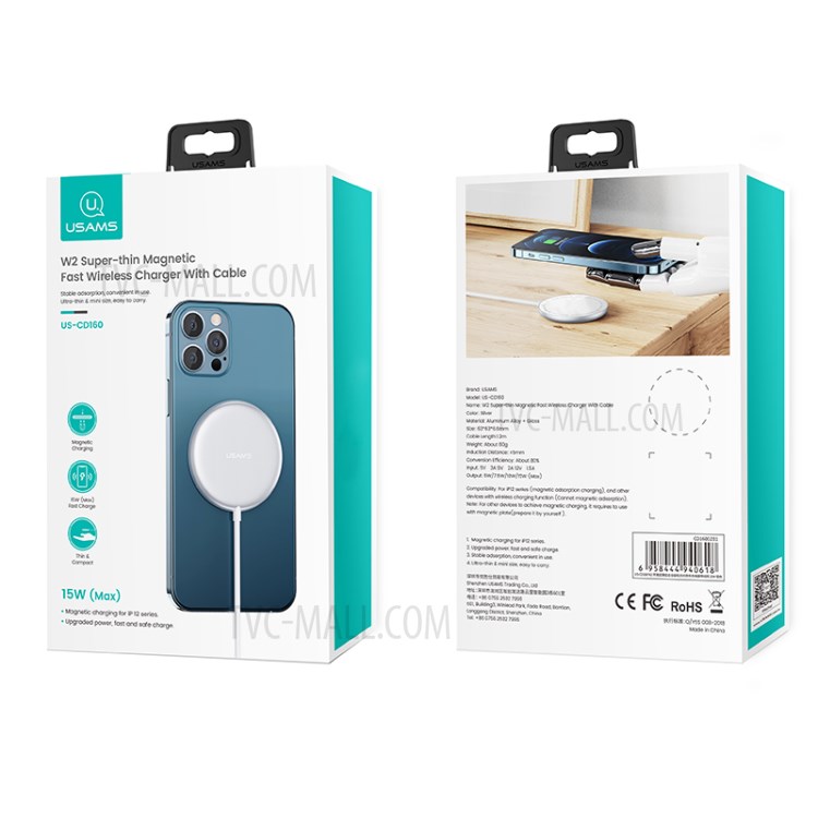 USAMS US-CD160 W2 Zinc Alloy Ultra-thin Magnetic Fast Wireless Charger 15W with Charging Cable-8