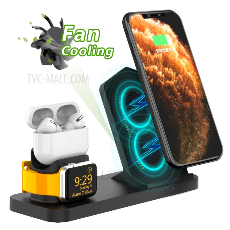 Soporte De Soporte De Base De Cargador Inalámbrico AJWXC001 Con Función De Ventilador De Enfriamiento Para IPhone IWatch AirPods - Negro-1