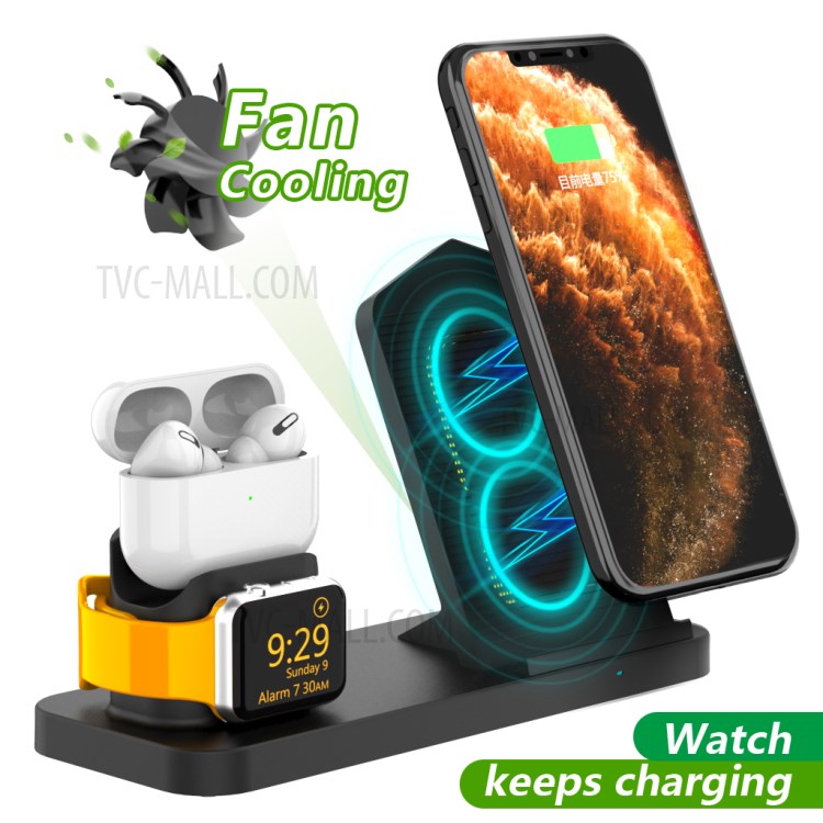 Soporte De Soporte De Base De Cargador Inalámbrico AJWXC001 Con Función De Ventilador De Enfriamiento Para IPhone IWatch AirPods - Negro-2
