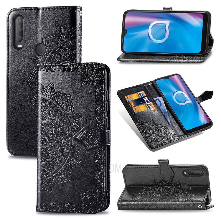 Embossed Mandala Flower PU Leather Wallet Stand Design Case for Alcatel 1S (2020) - Black-1