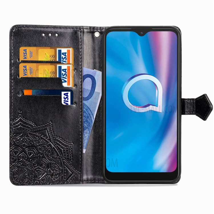 Embossed Mandala Flower PU Leather Wallet Stand Design Case for Alcatel 1S (2020) - Black-6
