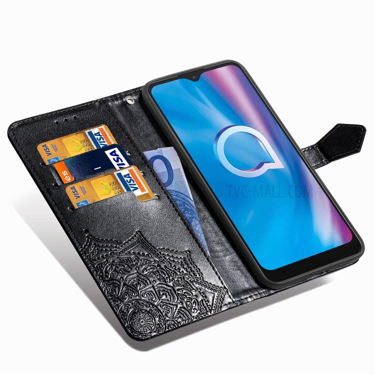 Embossed Mandala Flower PU Leather Wallet Stand Design Case for Alcatel 1S (2020) - Black-9