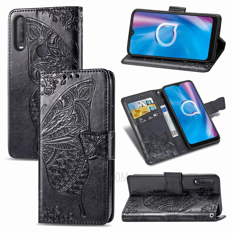 Imprint Big Butterfly Leather Wallet Phone Shell for Alcatel 1S (2020) - Black-1