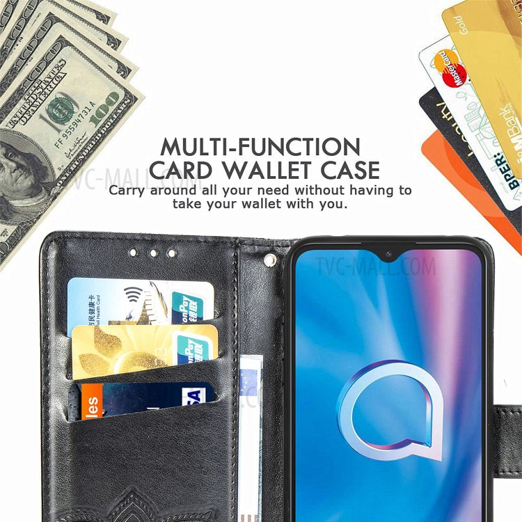 Imprint Big Butterfly Leather Wallet Phone Shell for Alcatel 1S (2020) - Black-13