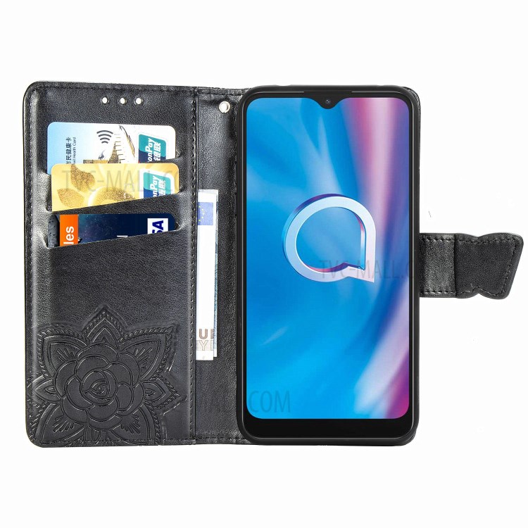 Imprint Big Butterfly Leather Wallet Phone Shell for Alcatel 1S (2020) - Black-5