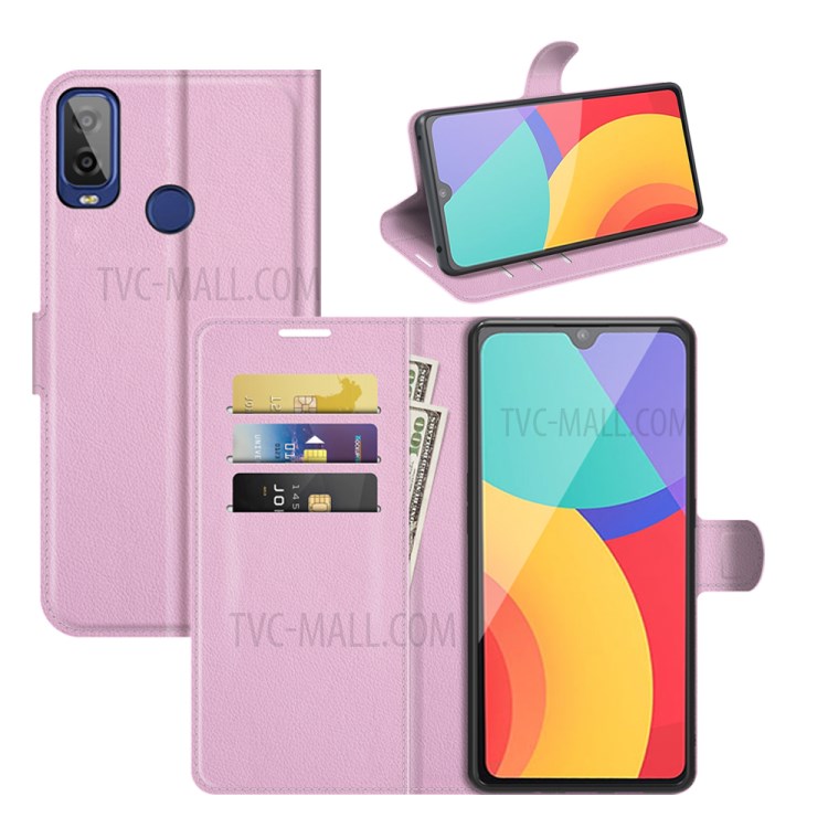 Litchi Skin Leather Case Wallet Stand Protective Phone Shell Cover for Alcatel 1L (2021) - Pink-6